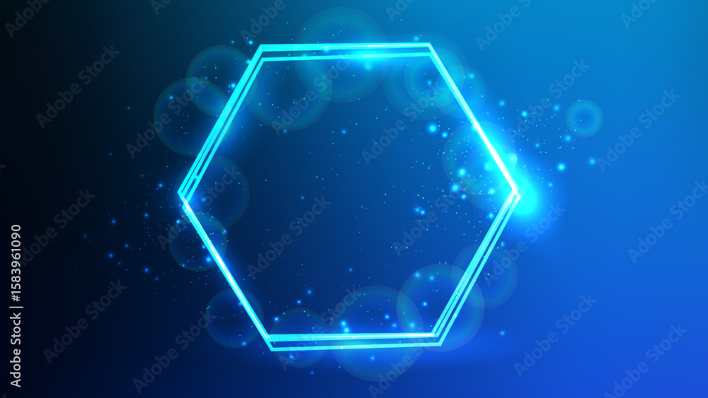 Poster neon hexagon frame with shining effects and sparkles