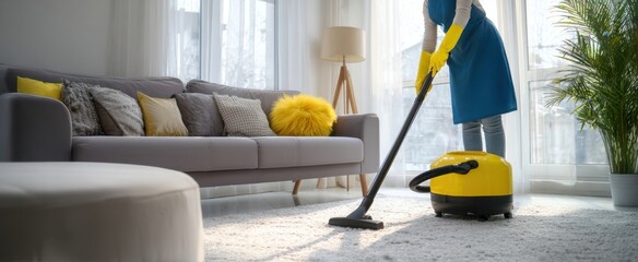 The woman vacuuming a cozy living room with yellow accents and modern decor.
