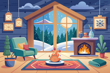 Flat Vector of a Cozy Winter Cabin Interior with a Fireplace