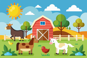 Flat Vector of Farm Animals in an Open Field with a Barn