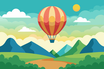 Flat Vector of a Hot Air Balloon in the Sky with Distant Hills
