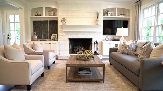 A well lit living room featuring a gray sofa, two armchairs, and a fireplace with built in shelves