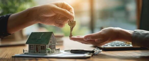 The keys being handed over during a real estate transaction in a cozy setting.