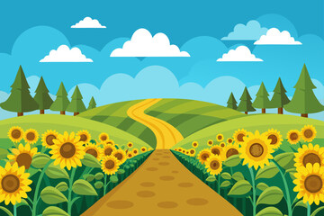 Obraz premium Flat Vector of a Pathway Through a Sunflower Field