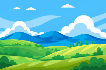 Obraz premium Flat Vector of Rolling Green Hills and a Blue Sky