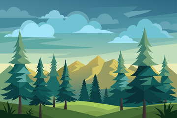Fototapeta premium Flat Vector of a Pine Tree Forest Under a Cloudy Sky