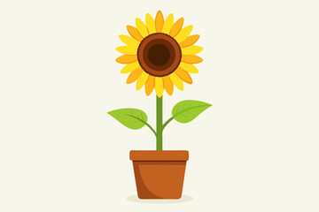 Obraz premium Flat Vector of a Single Sunflower in a Brown Vase