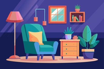 Flat Vector of a Wooden Chair Beside a Floor Lamp