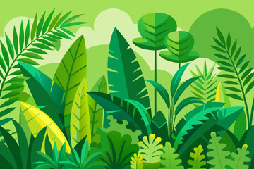 Flat Vector of a Jungle Edge with Ferns and Large Leaves