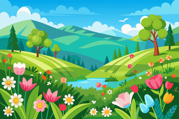 Fototapeta premium Illustrated Spring Landscape with Vibrant Flowers