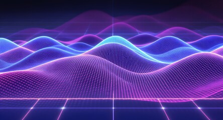 Abstract digital landscape featuring vibrant waves of glowing particles in purple and blue tones over a grid. Depicts a futuristic and data-driven environment.