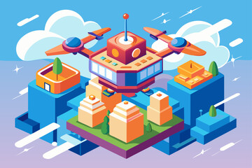 Isometric Food Delivery Drone Flying Over a City