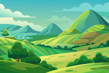 Vector Cartoon Landscape with Layered Green Hills