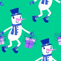 Christmas cartoon ice seamless snowman pattern for wrapping paper and fabrics