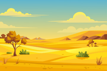 Vector Desert Scene with Yellow Plains and Sparse Shrubs