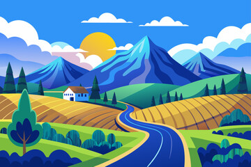 Fototapeta premium Vector Farmland with a Winding Road Through Crops