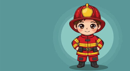 Cute Firefighter Character in Red Uniform with Helmet