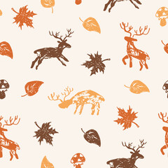 Deer autumn seamless pattern. Doodle deer, mushroom and leaves elements. Vector texture for fabric, textile, wallpaper, apparel, wrapping.