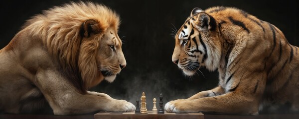 Lion, tiger play strategic game of chess. Majestic creatures face off on neutral gray background. Lion stands confident, gazing intently at tiger strategic move. Tiger orange coat contrasts with lion © Pete