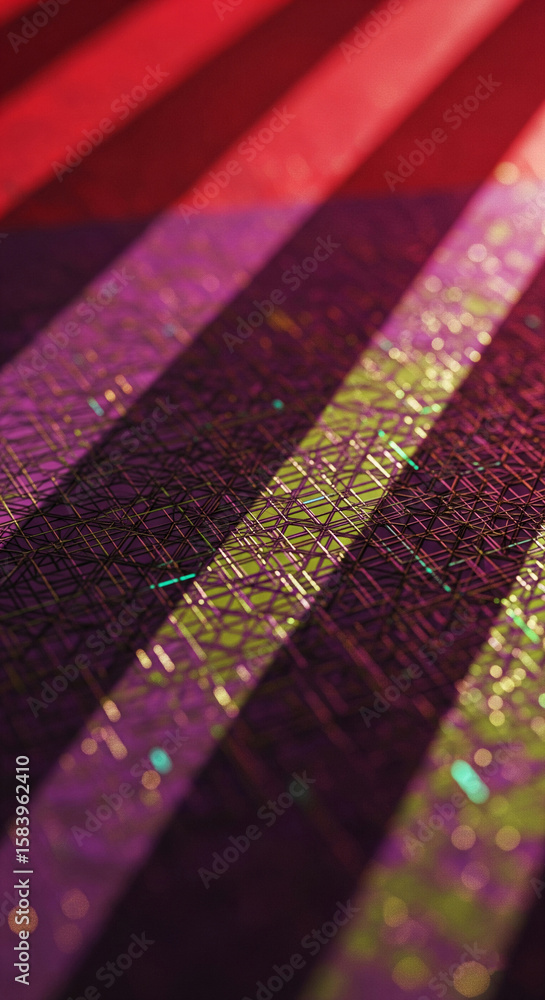 Poster abstract image of interwoven lines, red and purple hues, creating a textured background suitable for