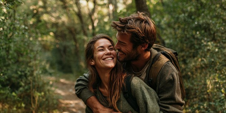 Joyful Hike Through the Woods: A loving couple embraces, sharing a tender moment amidst a lush forest during a hike, expressing the joy of love and nature.