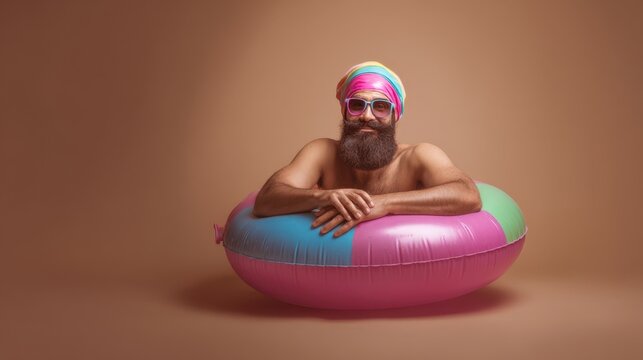 The man relaxing in a colorful pool float with a stylish look.