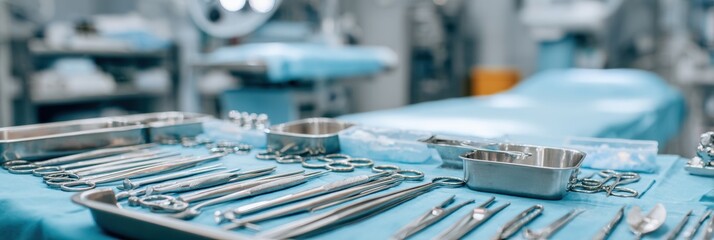 Sterilized Surgical Instruments Arranged on a Tray Beside a Patient Table in an Operating Room Ready for Surgical Procedures