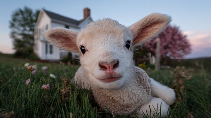 Obraz premium Lamb's Grassy Retreat: A captivating view of an adorable lamb nestled serenely amidst a verdant meadow, set against the backdrop of a charming dwelling and the soft hues of twilight.