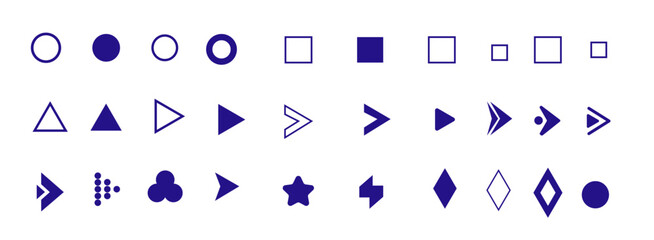 Flèche and arrow bullet list icons for PowerPoint presentations. Bullet point collection with arrow designs, ideal for slide presentations. Vector illustration.