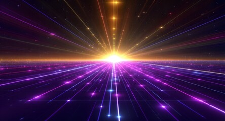 Abstract digital light display with glowing lines converging towards a central bright light source with various hues. Illustrating a futuristic tunnel or data stream.
