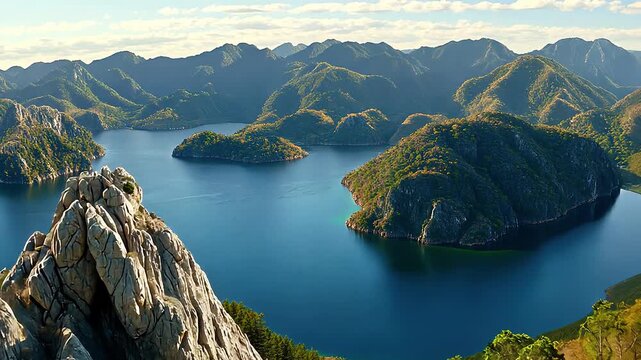 Tranquil ocean with towering rocky Luh Rok island under soft cloudy sky
