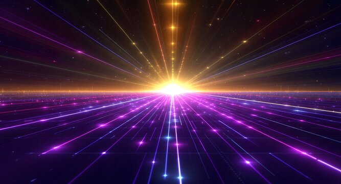 Abstract digital light display with glowing lines converging towards a central bright light source with various hues. Illustrating a futuristic tunnel or data stream.