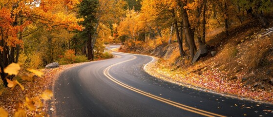 The winding road through a colorful autumn forest in golden light.