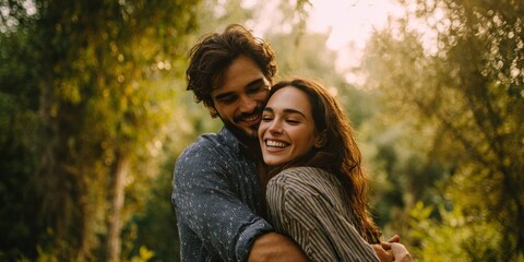 Fototapeta premium Embraced by Happiness: A loving couple shares an intimate moment, their embrace radiating warmth and genuine affection amidst a picturesque natural setting. 