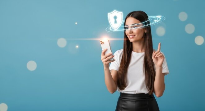 A woman uses facial recognition on her smartphone for cybersecurity and data protection