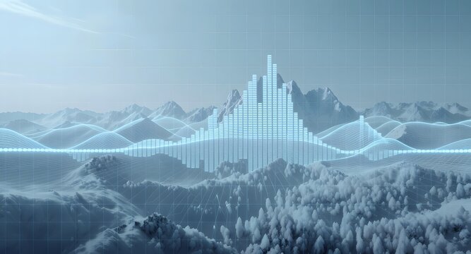 Digital 3D rendering of a mountain range overlaid with data visualization. Light blue digital elements contrast against a snowy landscape, enhancing the abstract data concept in a serene atmosphere.
