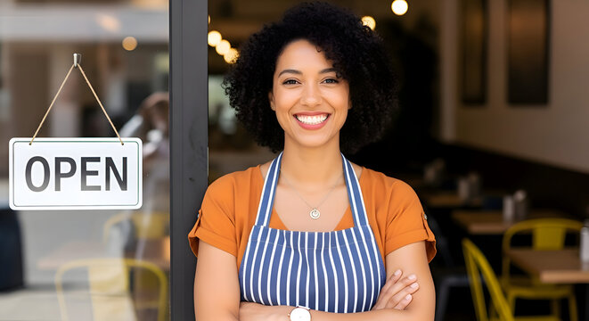 Portrait of a smiling woman with open sign at restaurant entrance with arms crossed and apron on