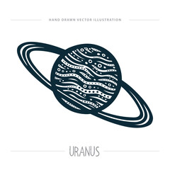 Vector illustration of Uranus with rings, hand-drawn textures, and abstract engraving style. Stylized planetary design for astronomy, science, and educational visuals. Part of set.