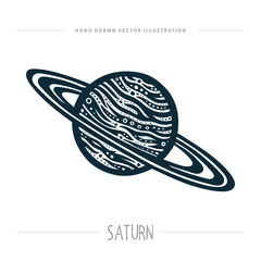 Vector illustration of Saturn with iconic rings, stylized textures, and bold engraving lines. Artistic hand-drawn design for astronomy, science, and cosmic themes. Part of set.