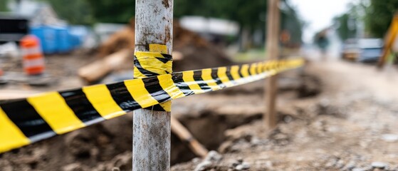Caution tape with black and yellow stripes marking construction site hazard Safety barrier for excavation work, warning of danger and restricted area