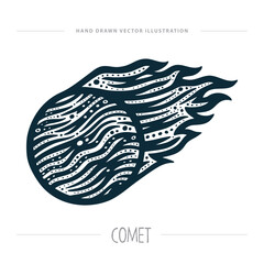 Hand-drawn vector illustration of comet with abstract flame tail, bold black lines, and textured engraving style. Celestial space object for science and design use. Part of set.