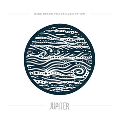 Stylized vector illustration of Jupiter with abstract storm patterns, bold linework, and vintage engraving elements. Artistic planetary design for astronomy themes. Part of set.