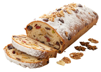  sliced homemade christmas loaf with raisins, nuts and icing sugar, isolated PNG transparent background