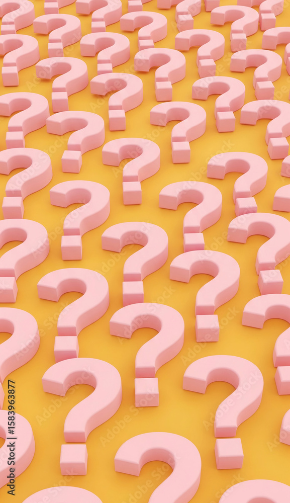 Poster Pink question marks on yellow background, creating a repetitive pattern symbolizing inquiry, uncertainty, or FAQs