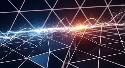 Abstract digital network with connected lines and glowing particles over a dark background evokes technology and data visualization