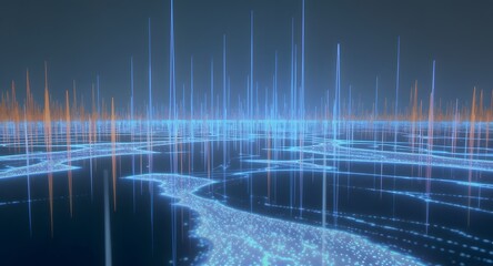 Abstract digital landscape with glowing lines of data. Blue and orange hues dominate the futuristic network visualization. This image portrays the concept of big data and technology.