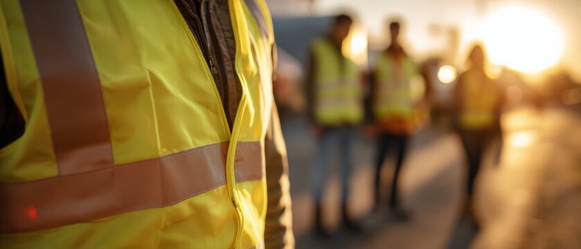 Construction workers wearing high visibility vests at sunset Team of road work engineers in safety gear collaborating outdoors Concept of teamwork, infrastructure, and safety
