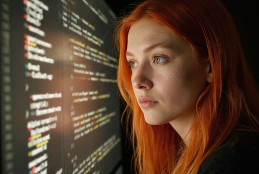 Young woman with vibrant red hair intensely studies lines of code on large computer screen. Serious focused expression. Black shirt contrasts with fiery locks. Simple beige background highlights