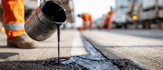 Road worker pouring hot asphalt from bucket during street repair Construction worker patching road surface with tar Concept of roadwork, maintenance, and infrastructure