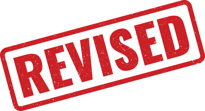 Red Distressed Revised Rubber Stamp Isolated on White Background, angled in a Rectangle Frame